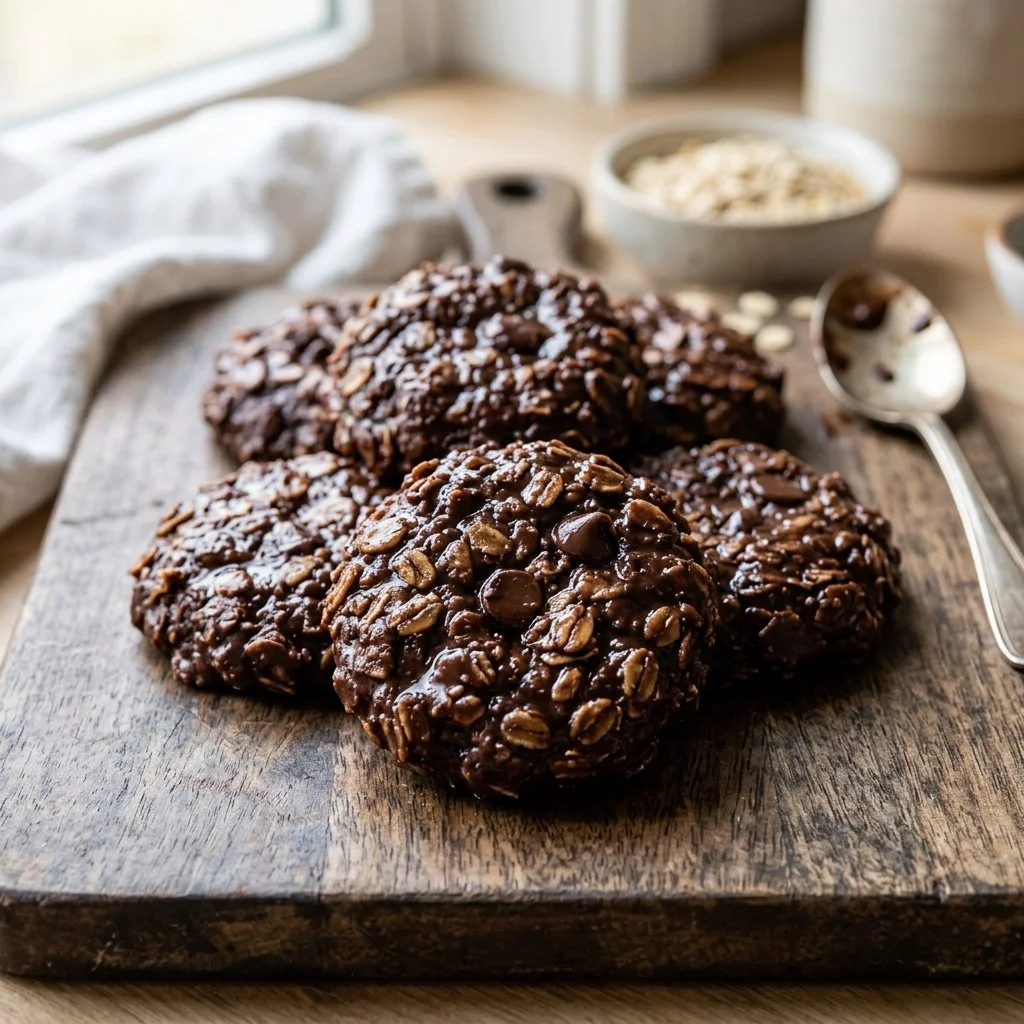 Plate of no-bake chocolate oatmeal cookies with chocolate drizzles.