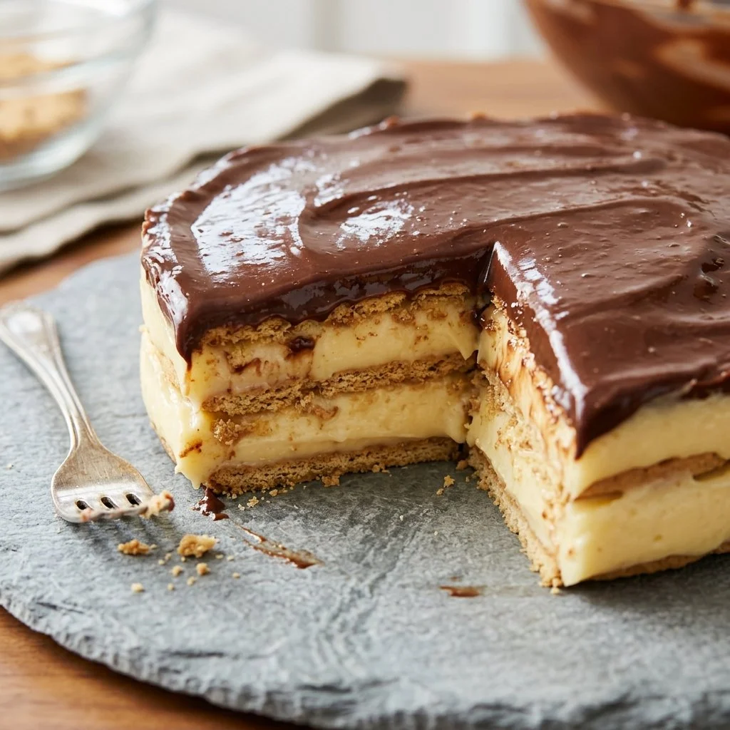 No-bake eclair cake layered with cream and topped with chocolate frosting.