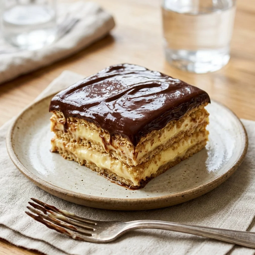 No Bake Eclair Cake topped with chocolate and whipped cream on a plate