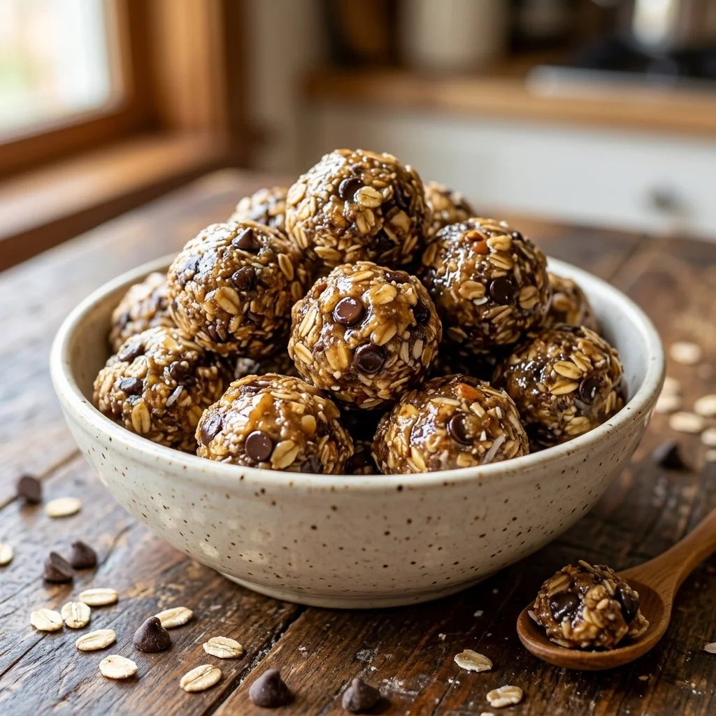 Delicious no bake energy bites made with oats, nuts, and natural sweeteners