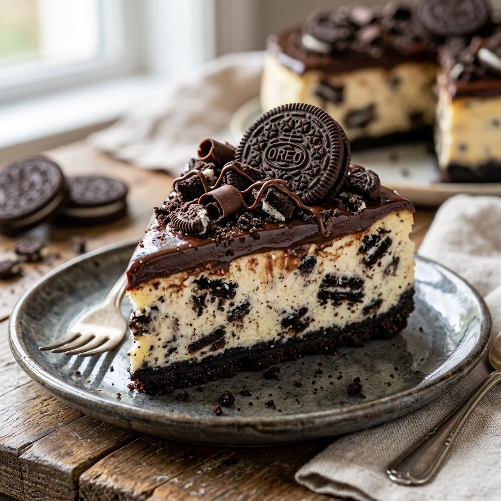 Delicious No-Bake Oreo Cheesecake topped with crushed Oreos on a plate