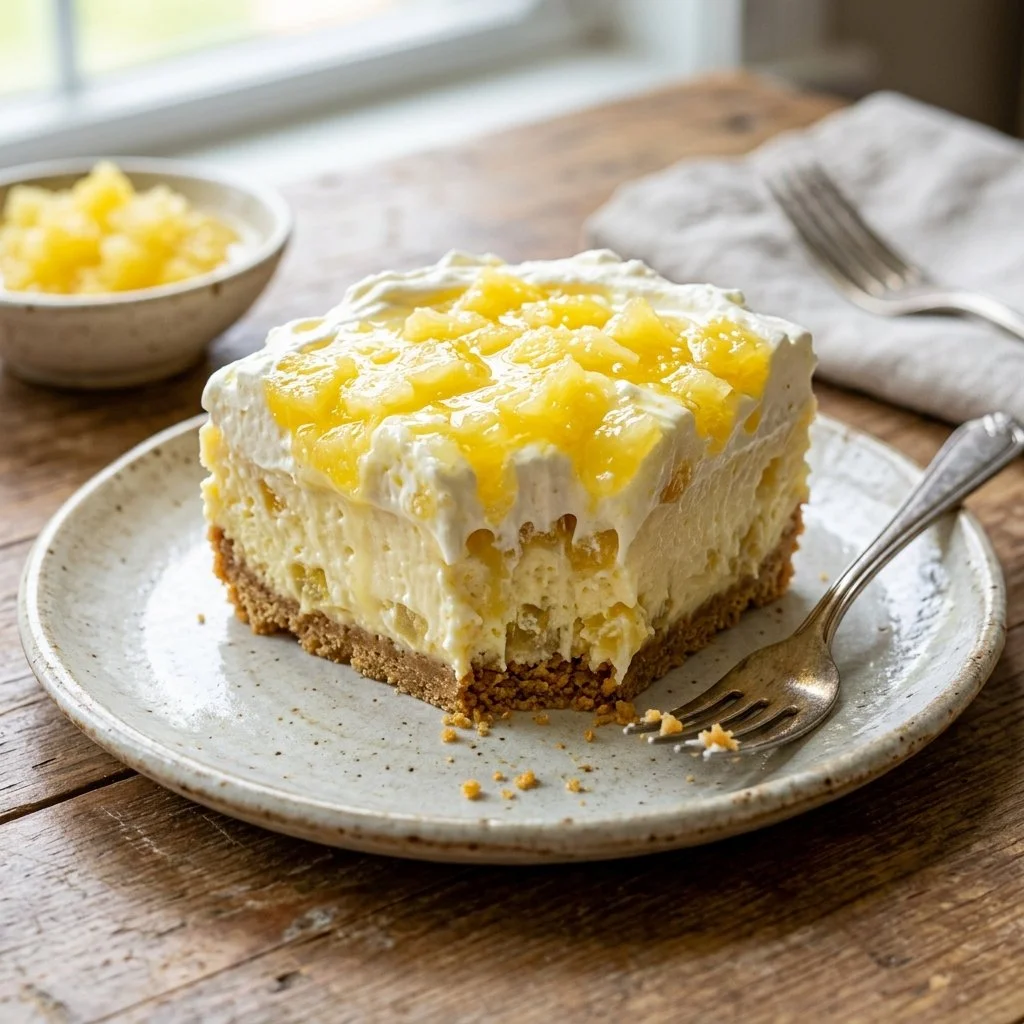 Delicious No Bake Pineapple Dream dessert topped with whipped cream and pineapple slices.