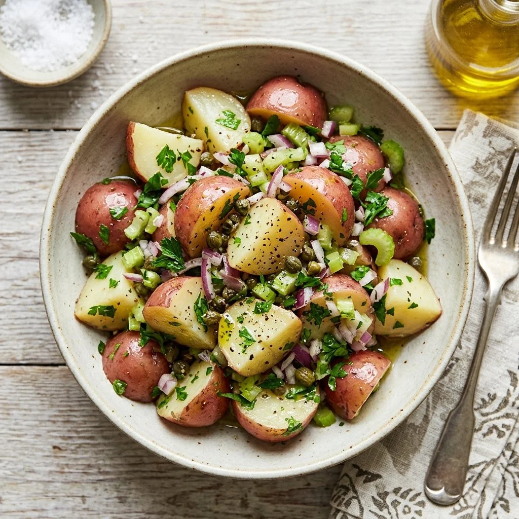 Delicious no mayo potato salad with fresh vegetables and herbs