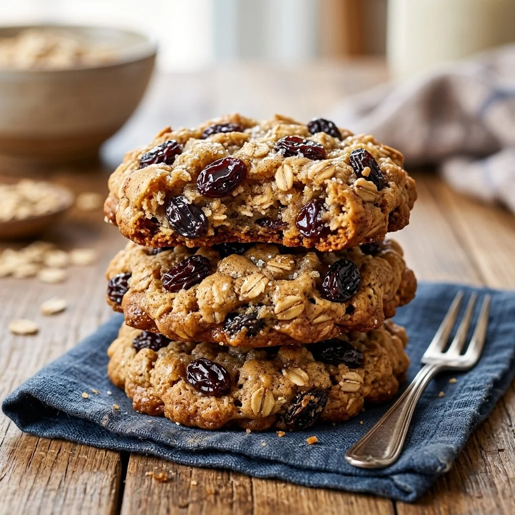 Freshly baked oatmeal raisin cookies on a wooden table