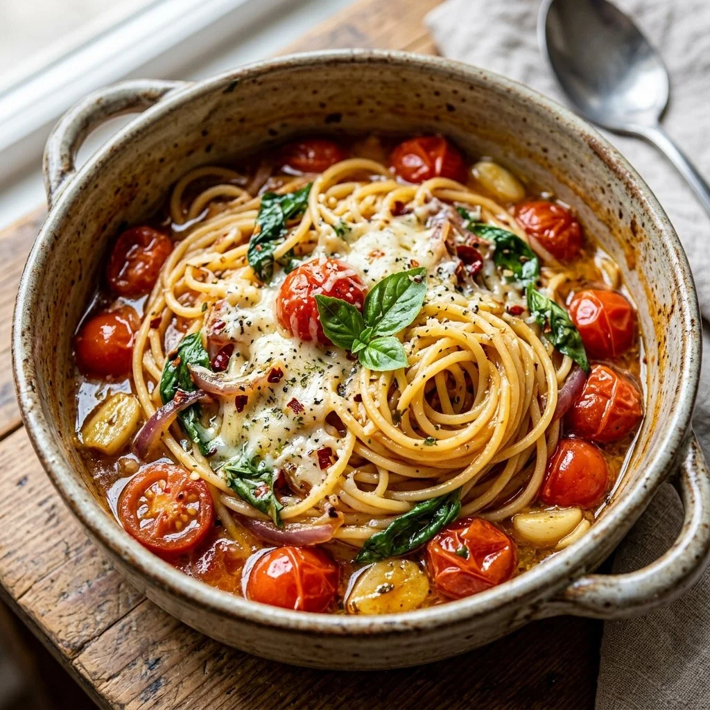 Delicious One Pot Pasta dish with fresh ingredients and vibrant colors