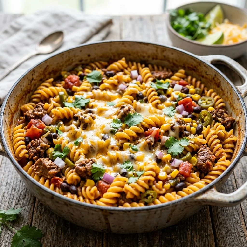 One Pot Taco Pasta dish served in a bowl with toppings