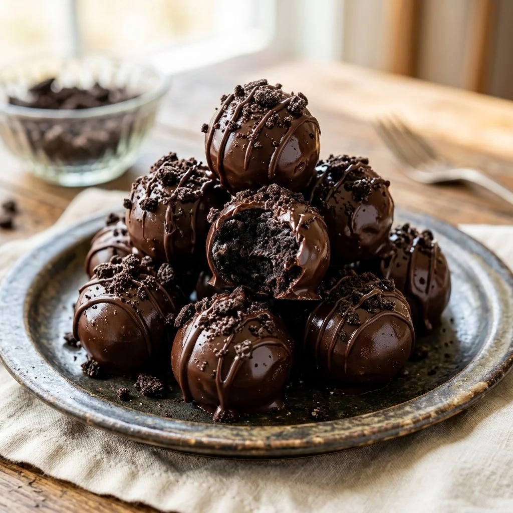 Delicious homemade Oreo Balls coated in chocolate, perfect for a sweet snack.