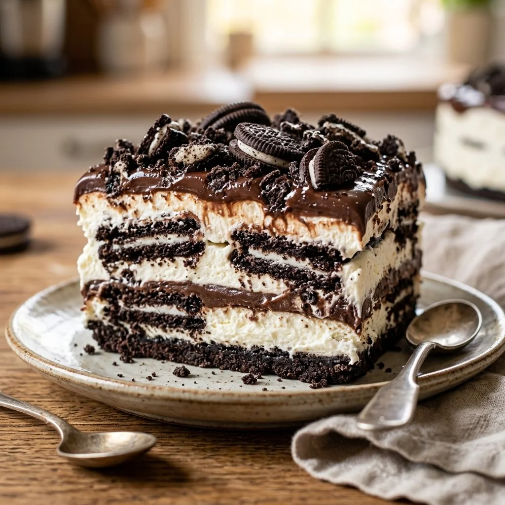 Delicious Oreo Icebox Cake layered with cream and cookies.