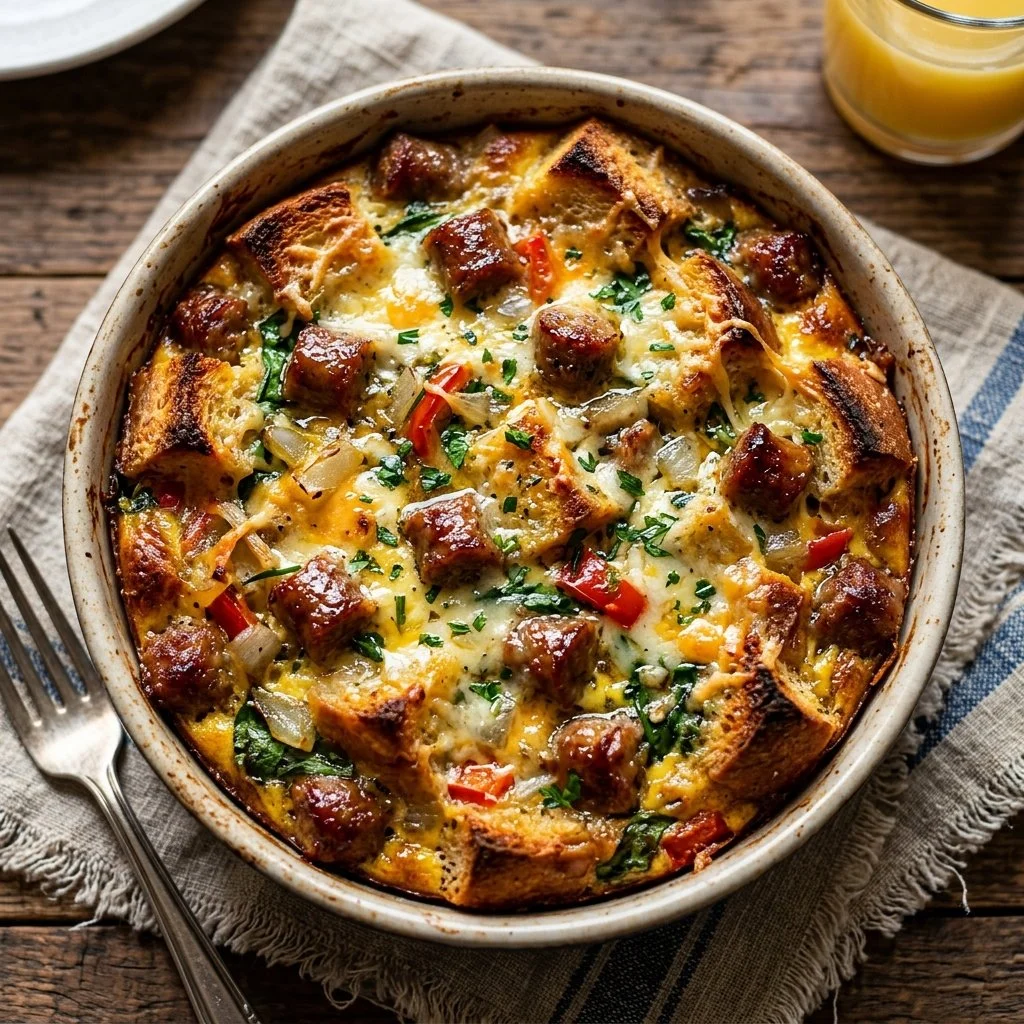 Delicious Overnight Breakfast Strata with layers of bread, eggs, and cheese