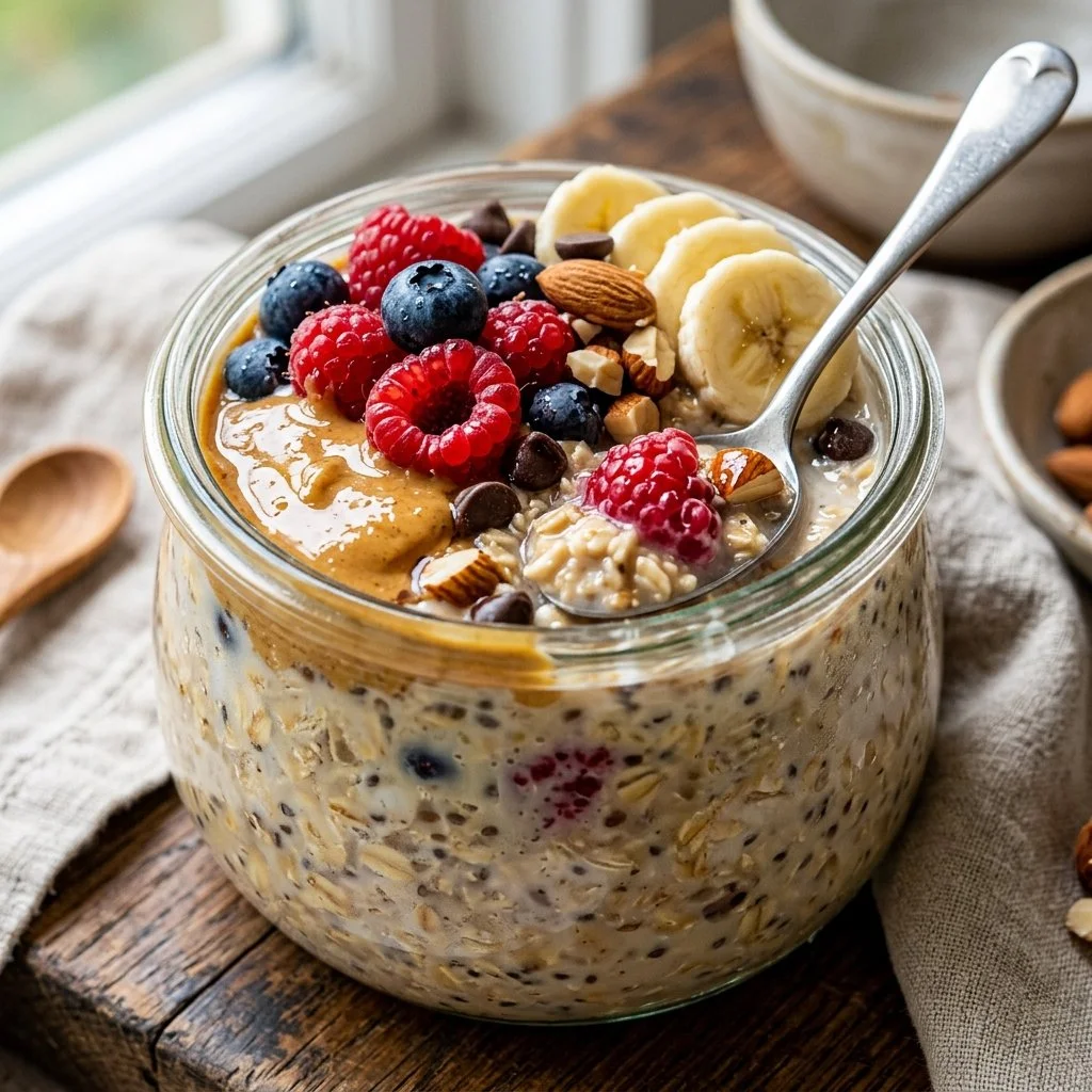 Bowl of delicious overnight oats with fruits and nuts for a healthy breakfast