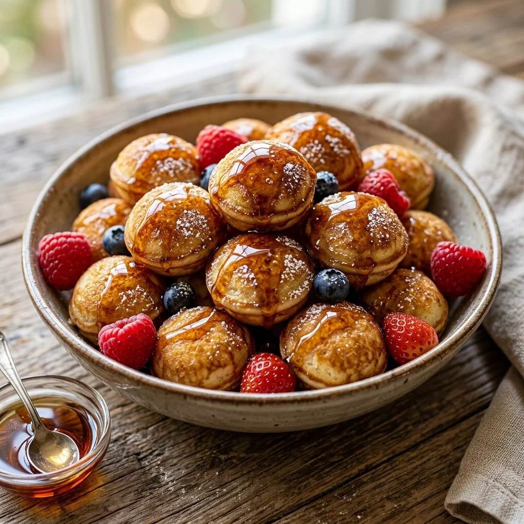 A plate of golden-brown pancake bites garnished with fresh fruits