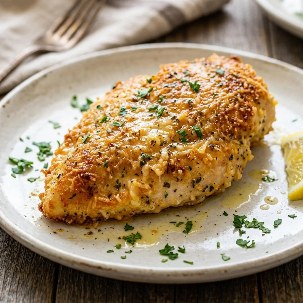 Deliciously baked Parmesan Crusted Chicken on a plate with herbs.