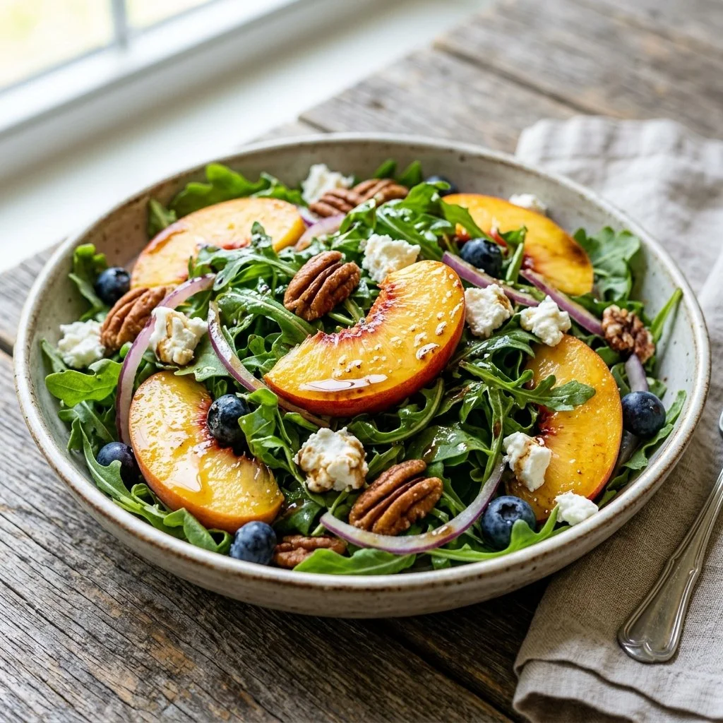 Fresh Peach Arugula Salad with vibrant ingredients and a light dressing