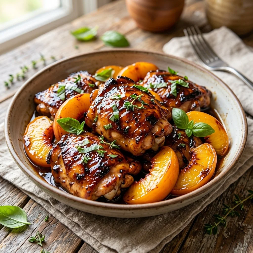 Delicious Peach Balsamic Chicken served on a plate with fresh herbs
