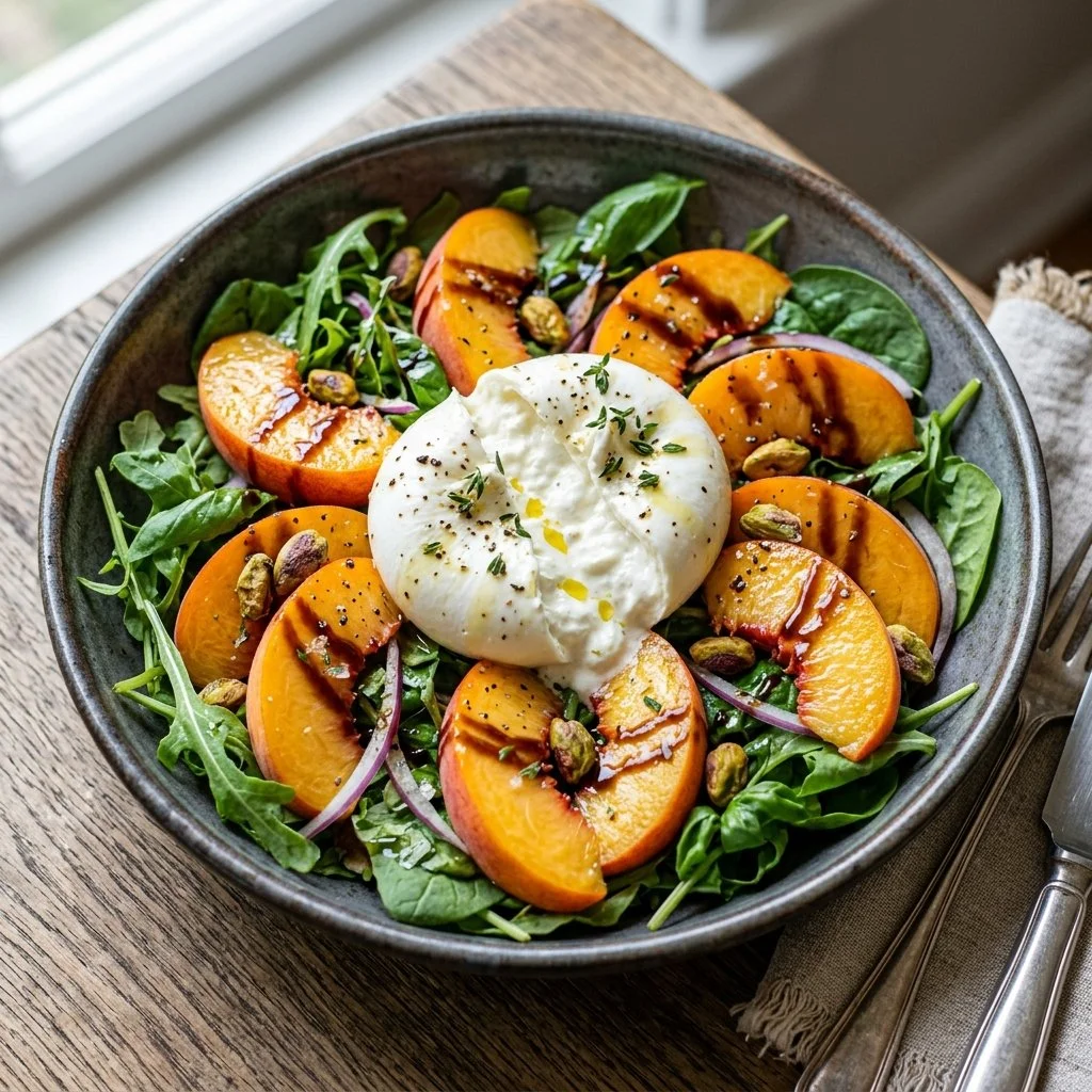 Fresh peach burrata salad with arugula and balsamic glaze