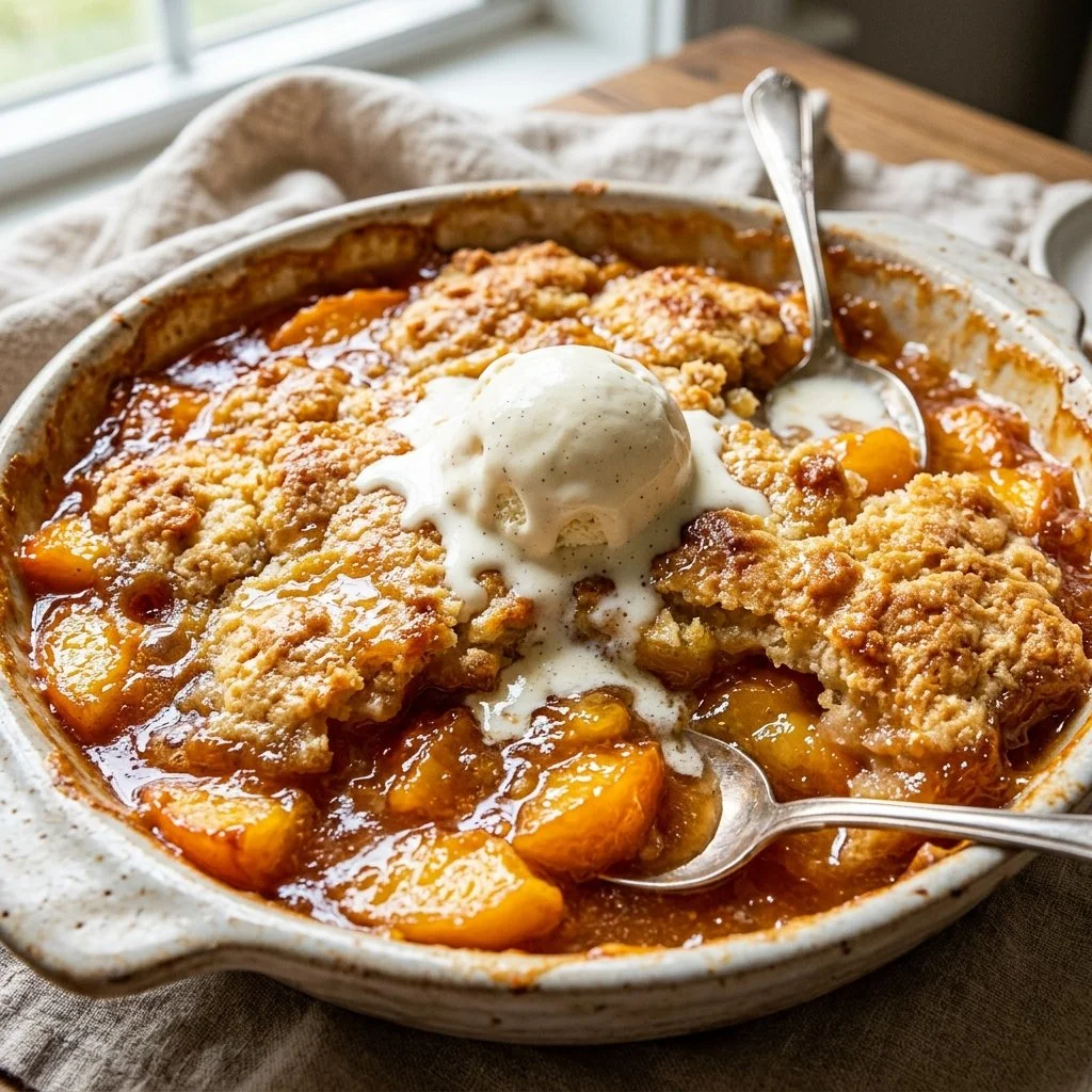 Freshly baked peach cobbler topped with vanilla ice cream