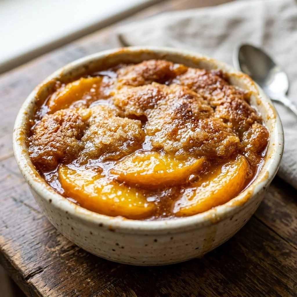 Delicious homemade peach cobbler with sweet peaches and crumbly crust