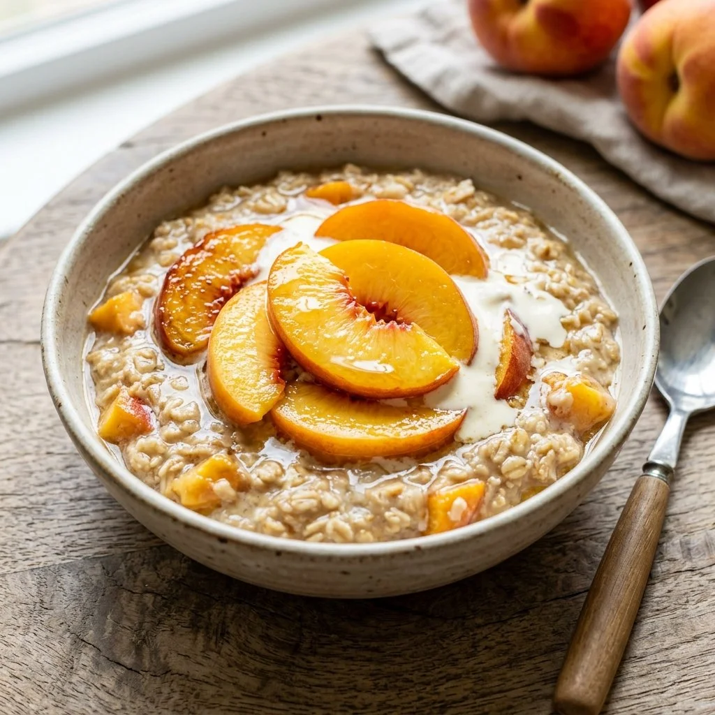 Bowl of peaches and cream oatmeal topped with fresh peach slices
