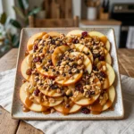 Delicious Peanut Butter Apple Nachos drizzled with chocolate and topped with nuts.