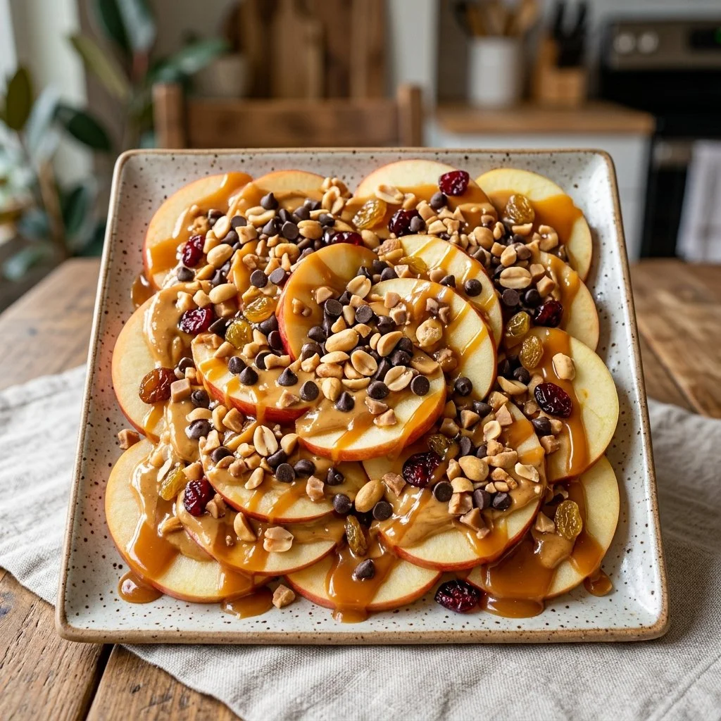 Delicious Peanut Butter Apple Nachos drizzled with chocolate and topped with nuts.