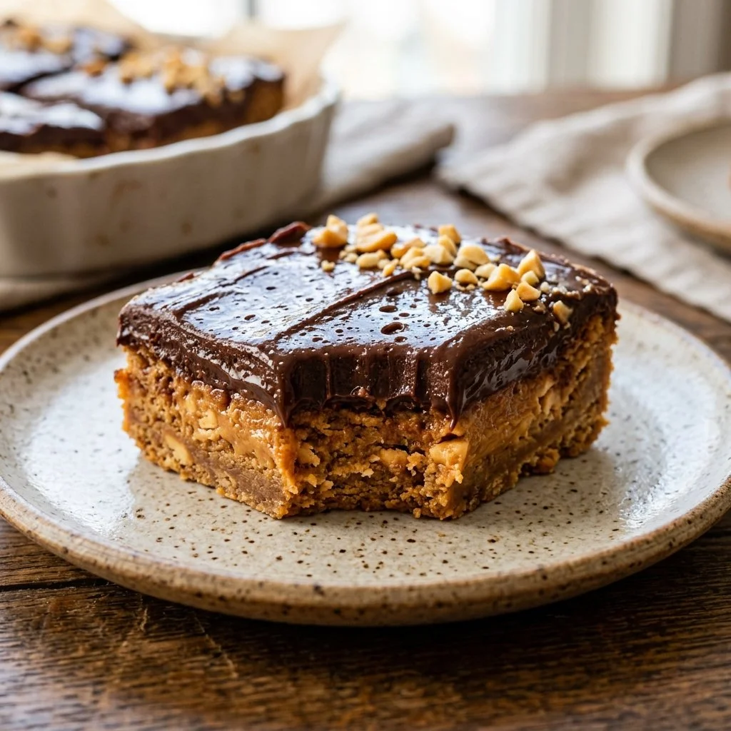 Delicious homemade peanut butter bars on a plate, ready to enjoy.