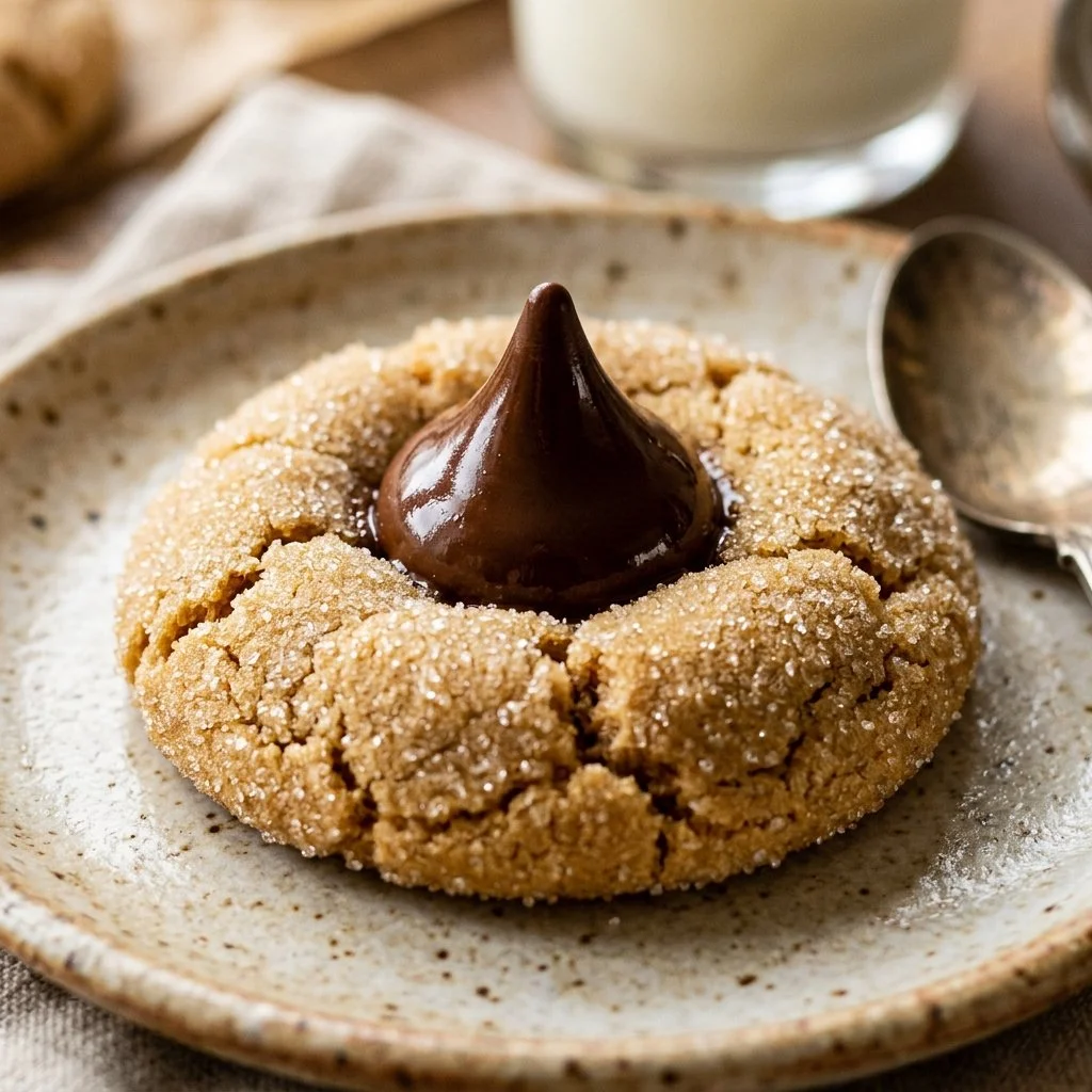 Freshly baked Peanut Butter Blossoms cookies with chocolate kisses on top