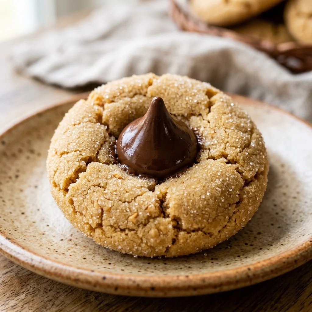 Plate of freshly baked Peanut Butter Blossoms cookies with chocolate kisses on top.