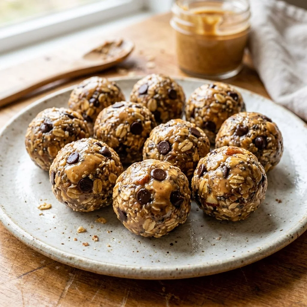 Peanut butter energy balls stacked on a wooden board, healthy snack option.
