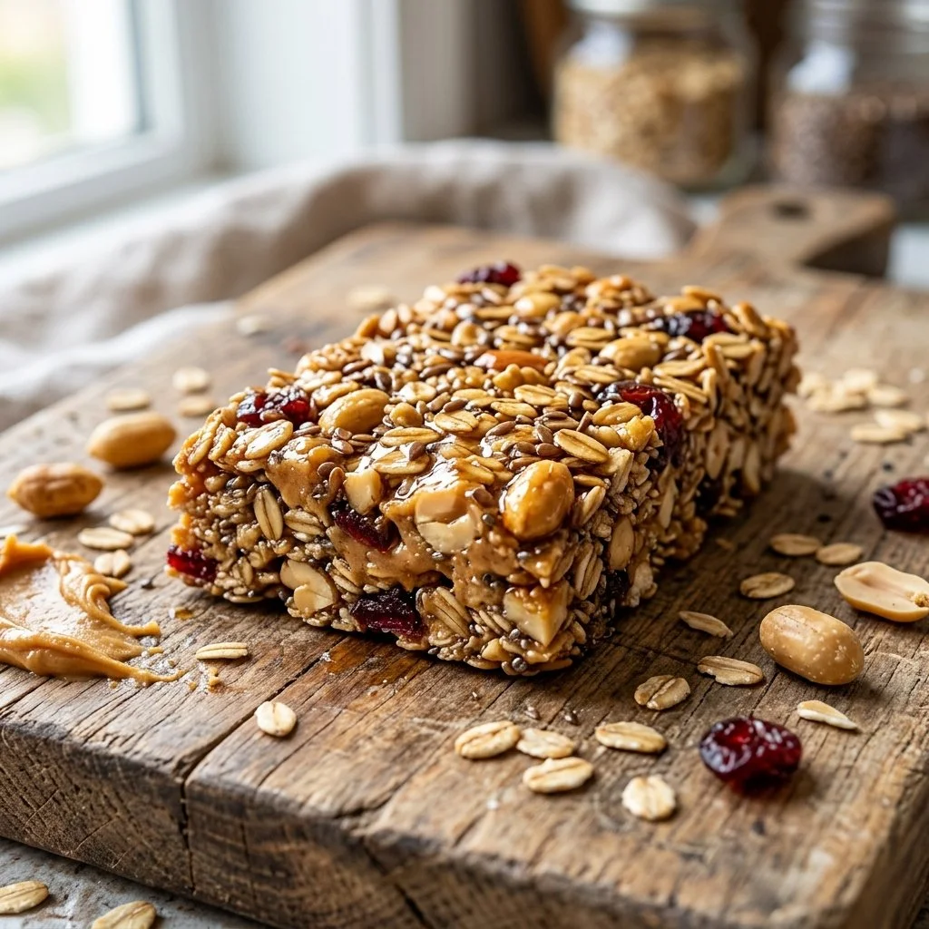 Peanut butter granola bars displayed on a rustic wooden table