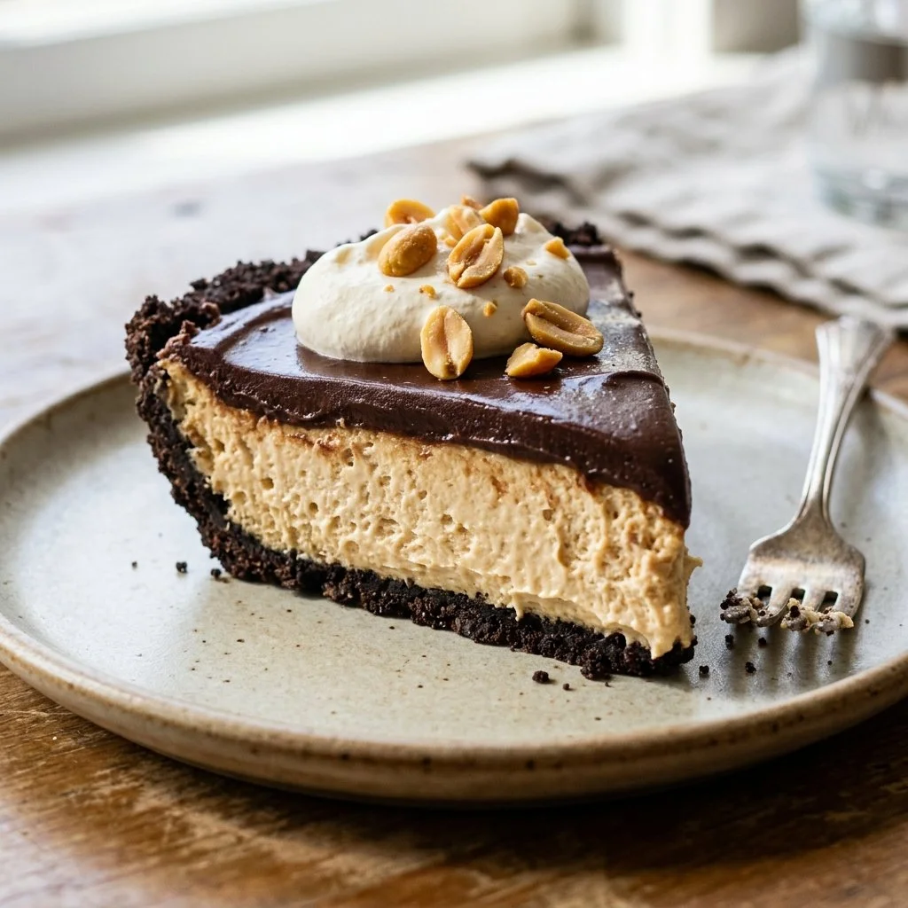 Delicious homemade Peanut Butter Pie topped with whipped cream and chocolate