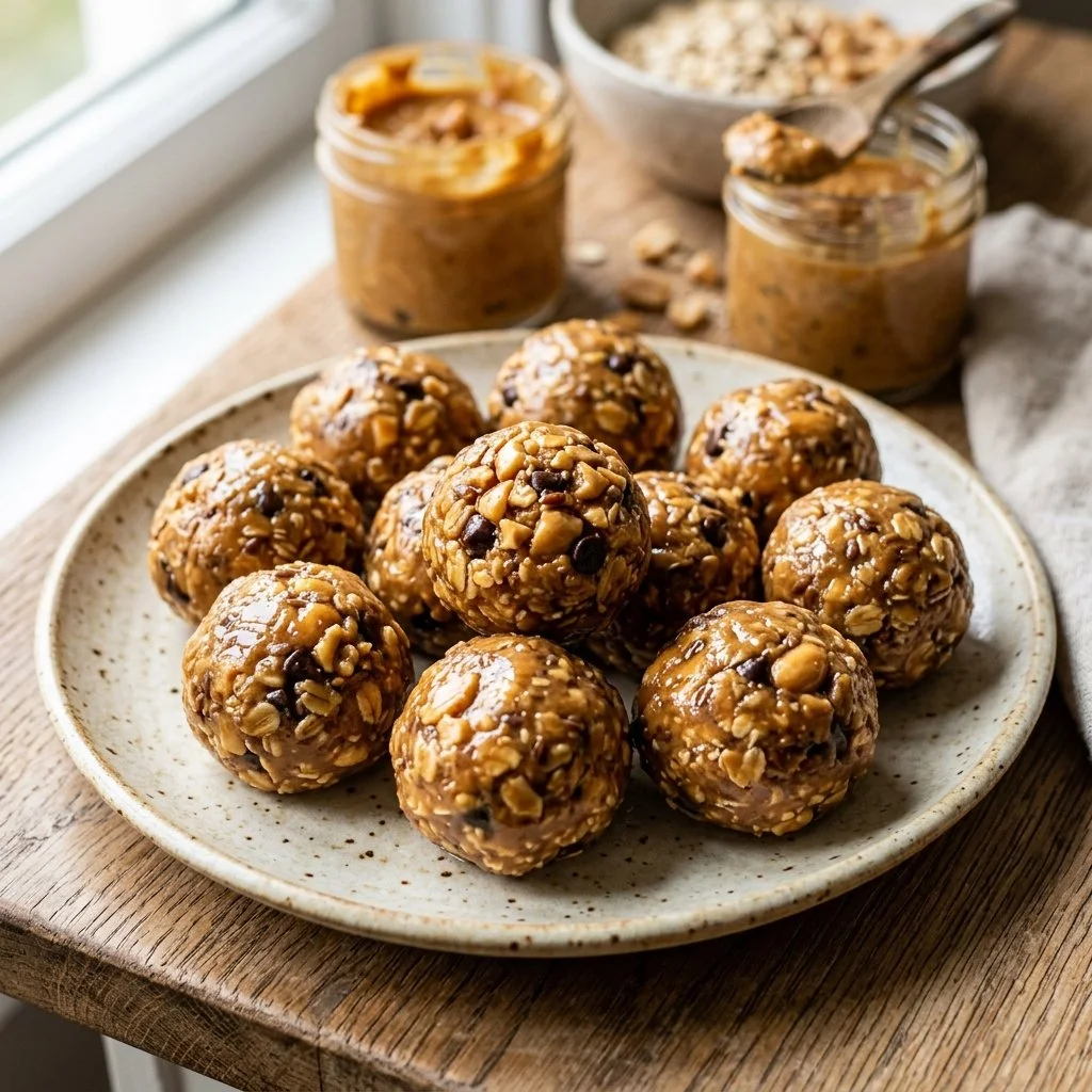 Homemade peanut butter protein balls arranged on a plate with chocolate chips