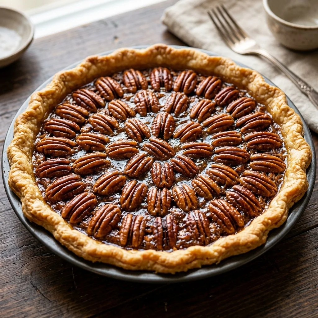 Homemade pecan pie with a golden crust and rich, nutty filling