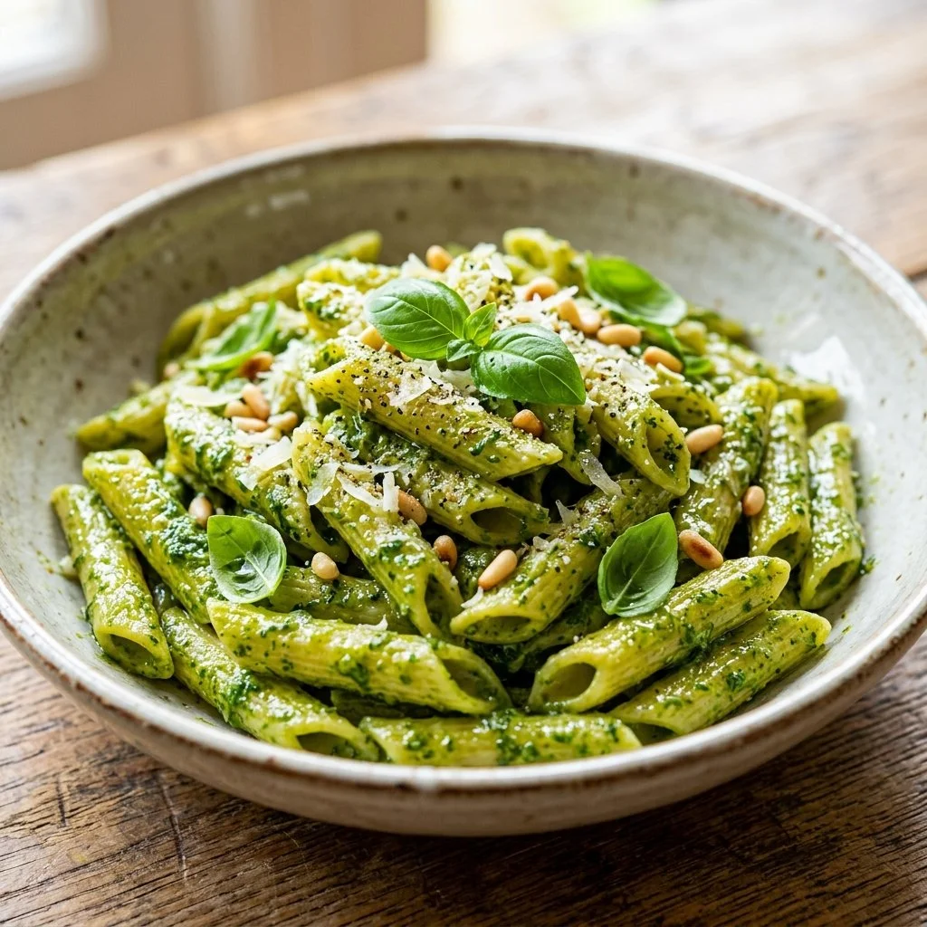Delicious pesto pasta dish with basil, garlic, and pine nuts served in a bowl