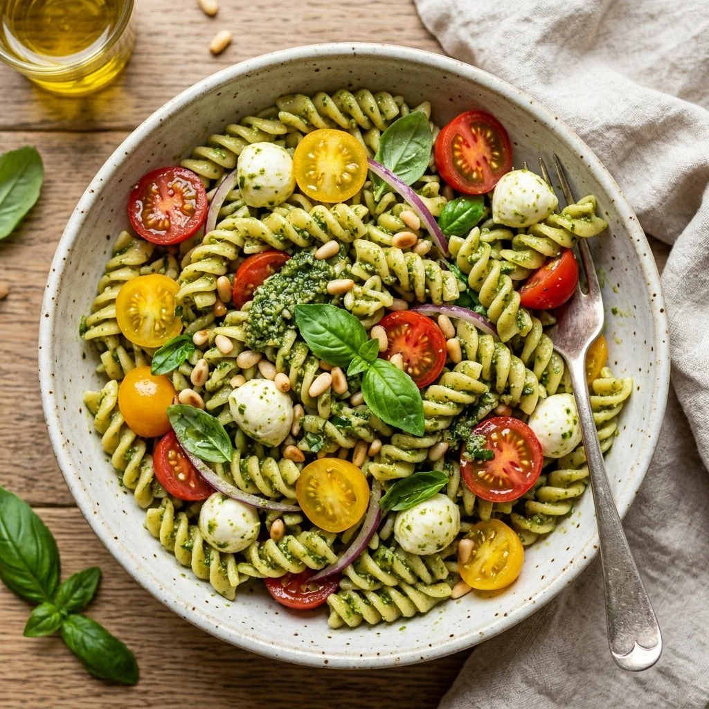 Fresh pesto pasta salad with vegetables and herbs