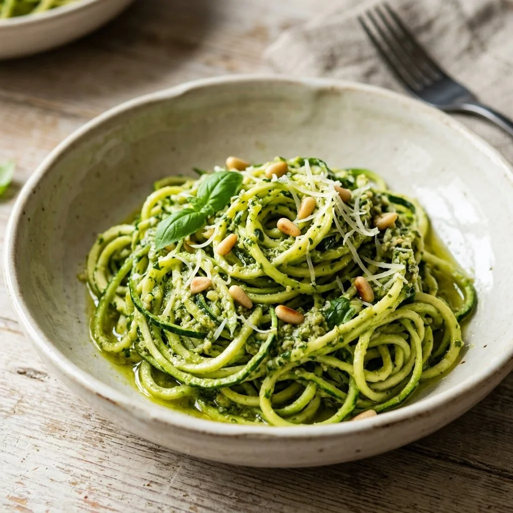 Pesto zucchini noodles topped with fresh basil and pine nuts