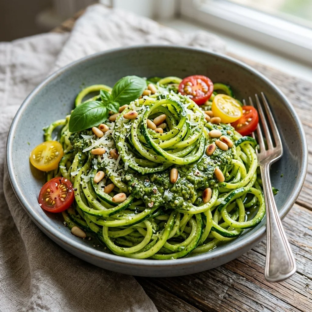 Bowl of pesto zucchini noodles topped with basil and cherry tomatoes