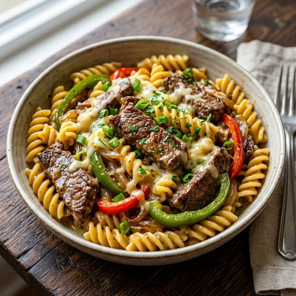 Dish of creamy cheesesteak pasta topped with peppers and onions