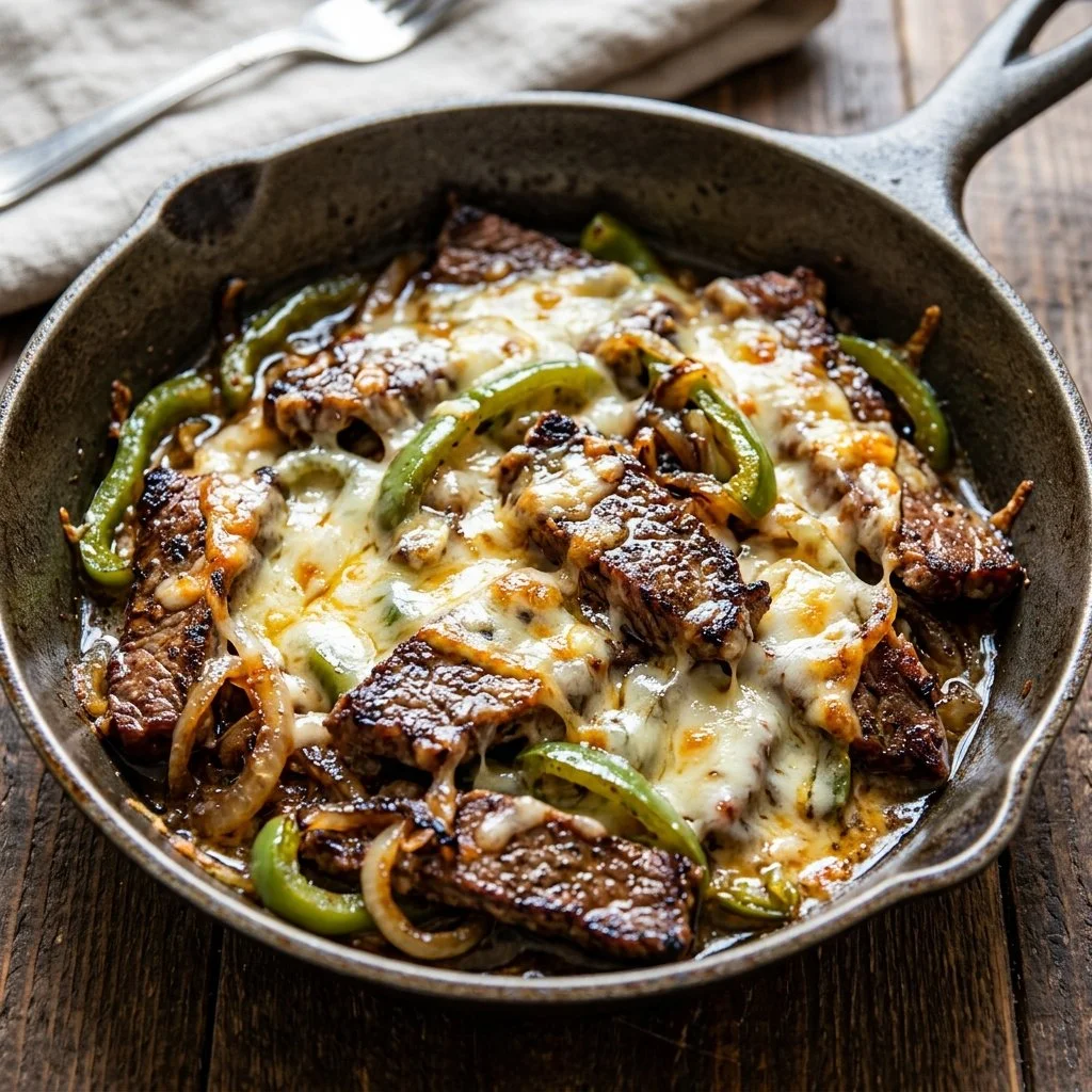 Delicious Philly cheesesteak skillet with steak, peppers, and cheese