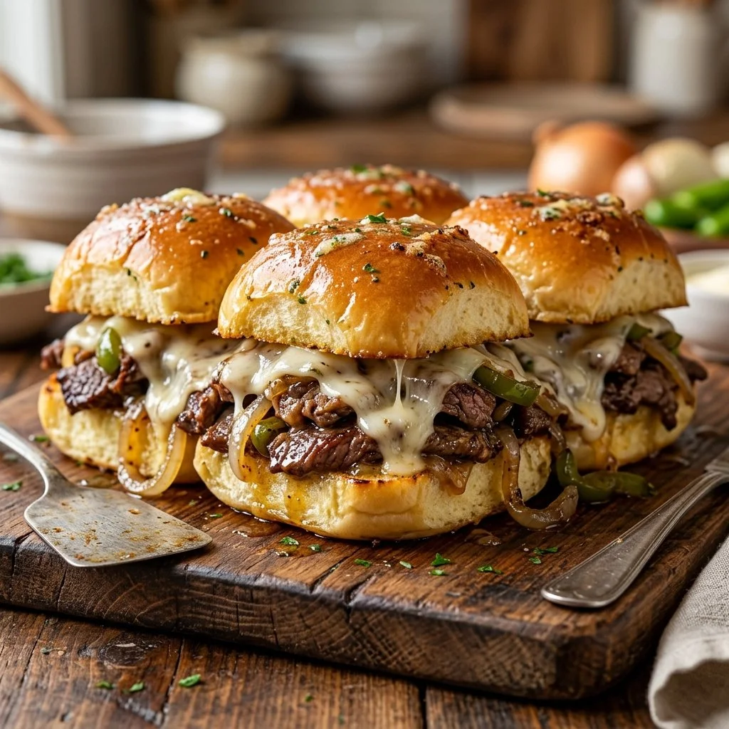 Philly cheesesteak sliders garnished with onions and peppers