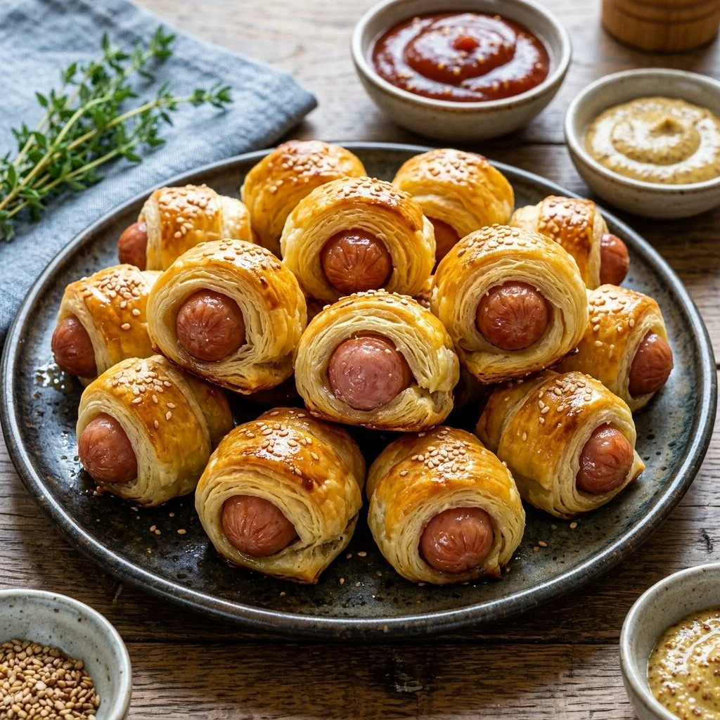Homemade pigs in a blanket appetizers served on a platter