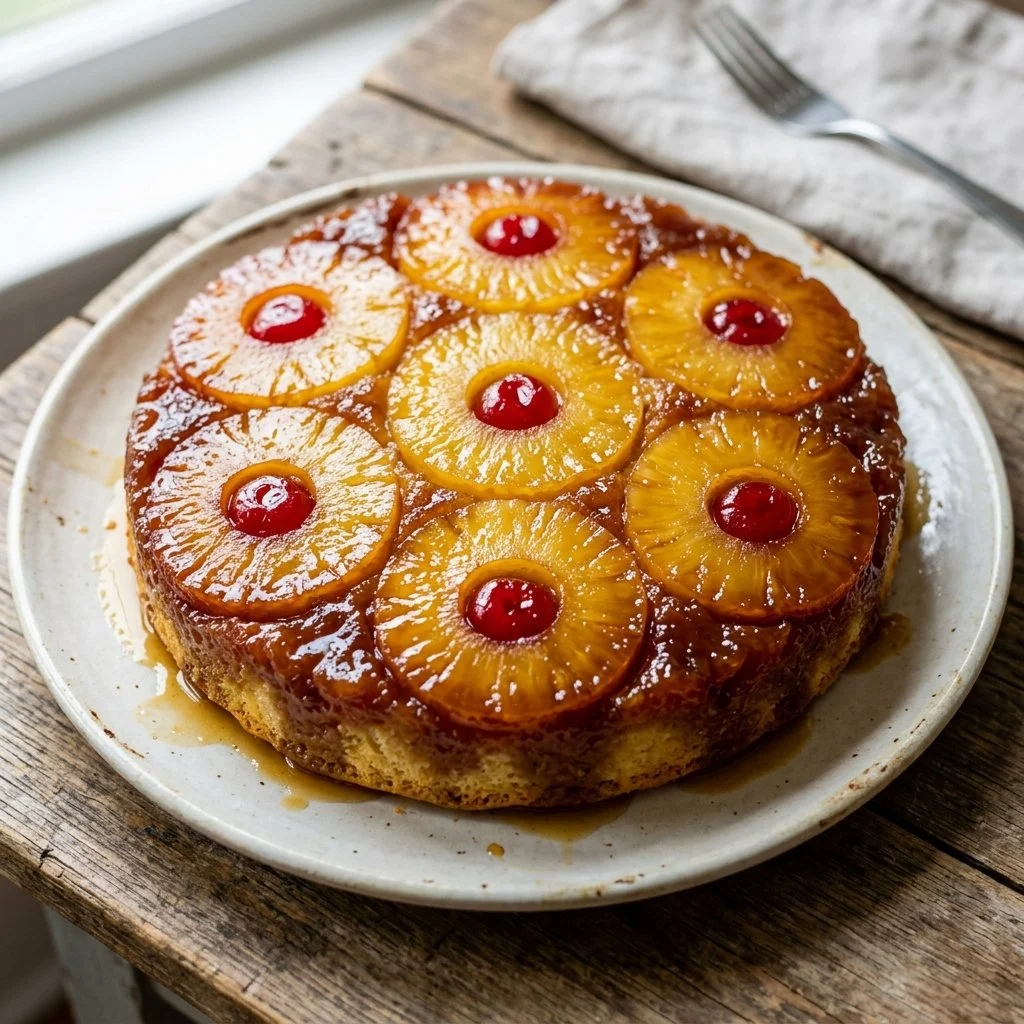Deliciously baked Pineapple Upside Down Cake with caramelized pineapple topping