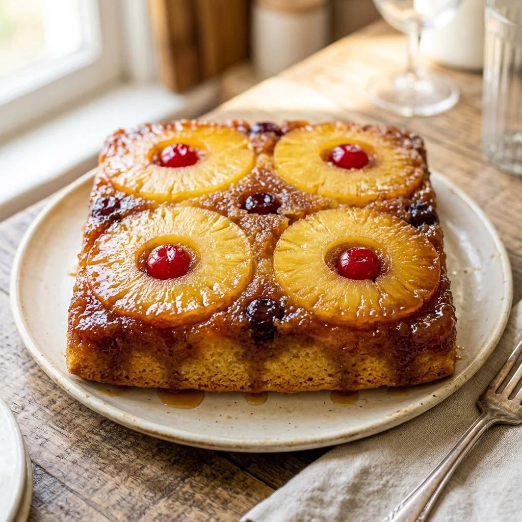 Delicious Pineapple Upside Down Cake with glazed pineapples and cherries