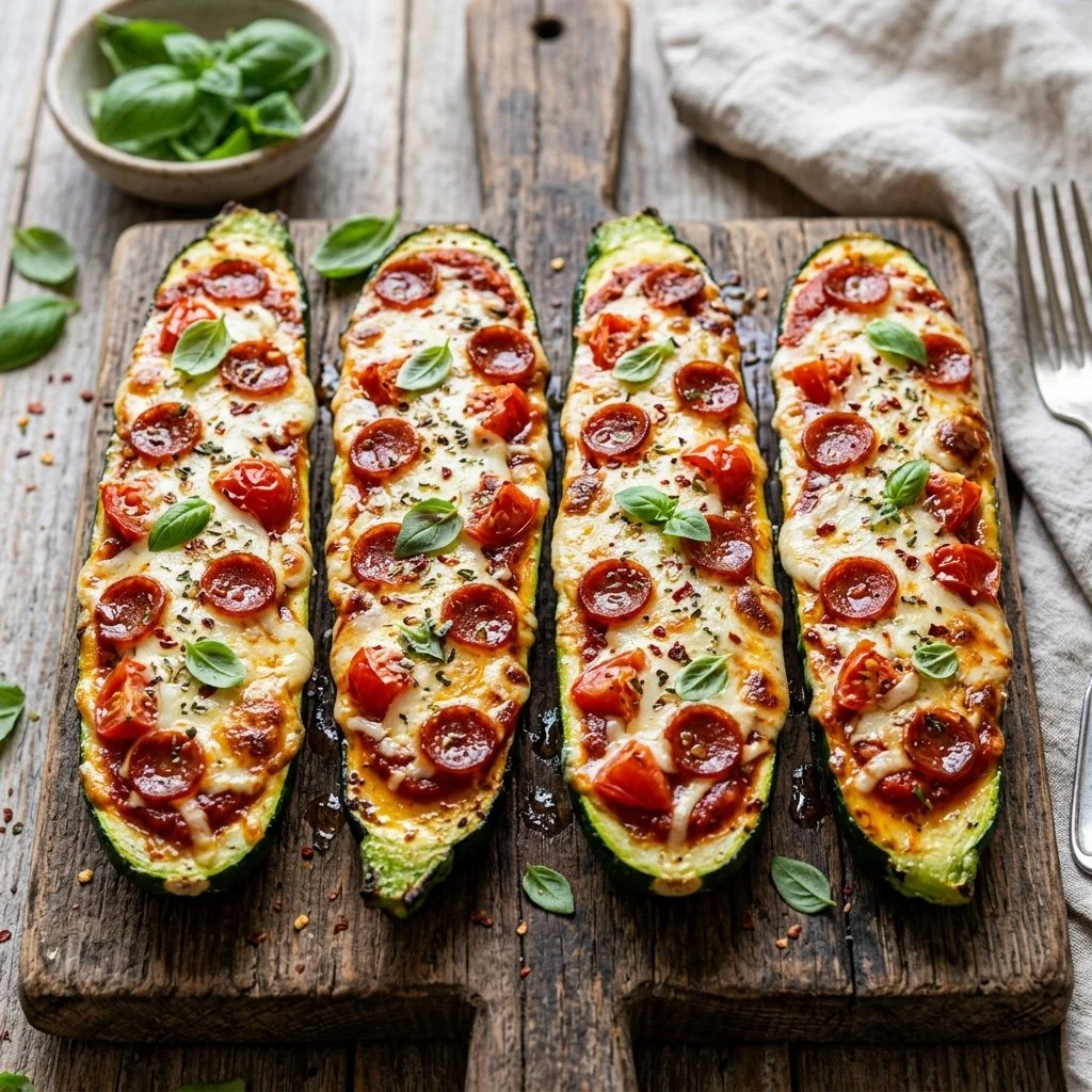 Pizza Zucchini Boats topped with cheese, pepperoni, and herbs