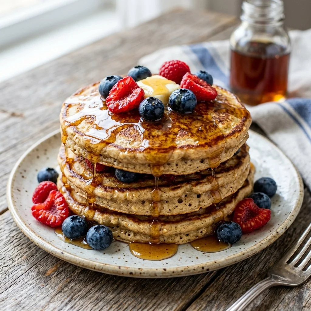 Delicious homemade protein pancakes topped with fruit and syrup