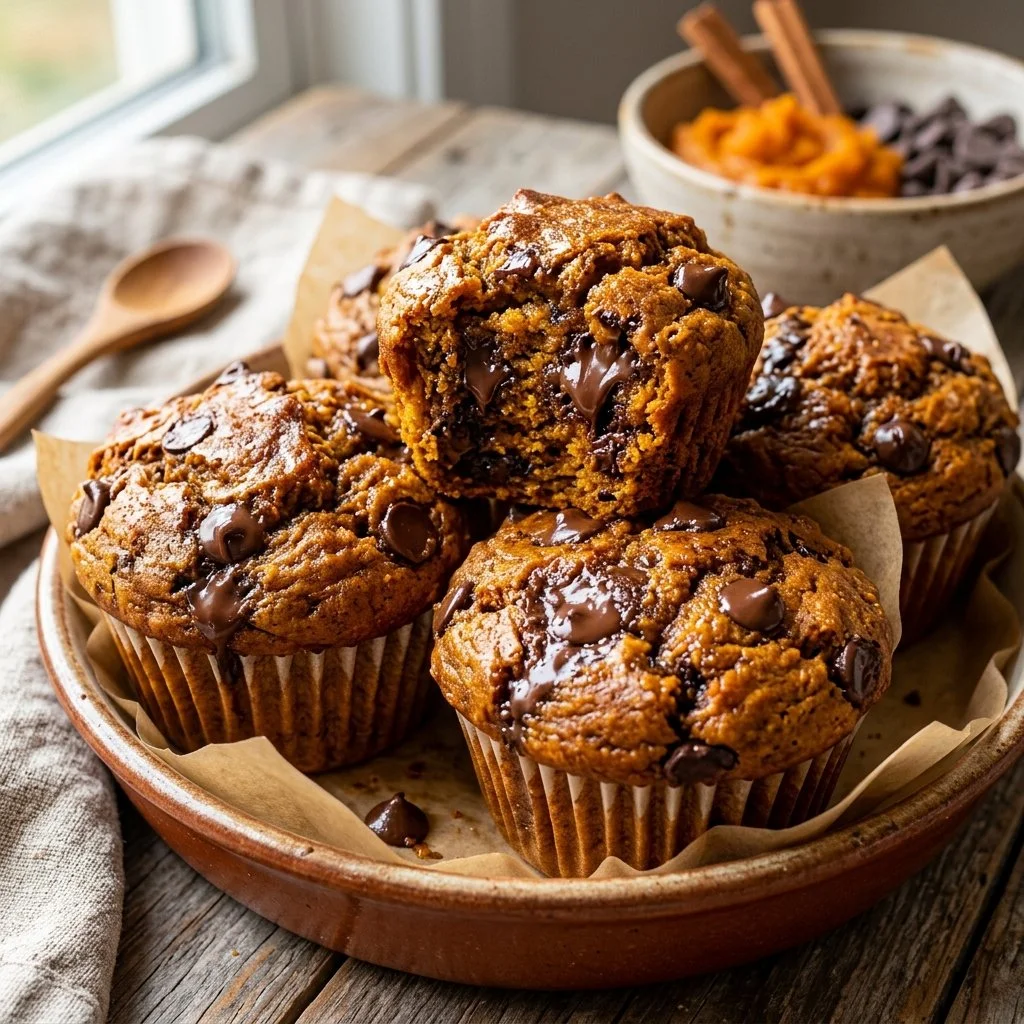 Freshly baked pumpkin chocolate chip muffins on a cooling rack