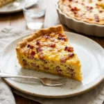 Delicious Quiche Lorraine served on a plate with fresh herbs