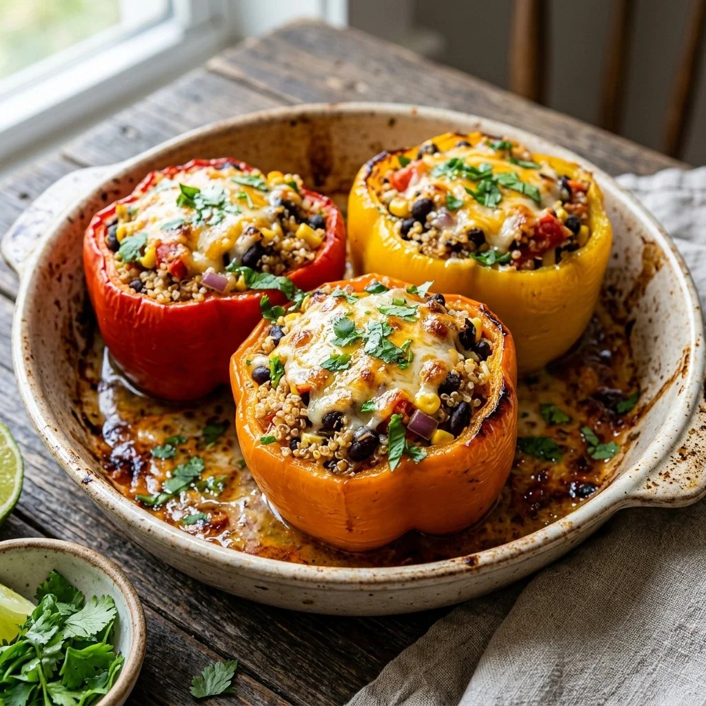 Colorful quinoa stuffed peppers garnished and ready to serve