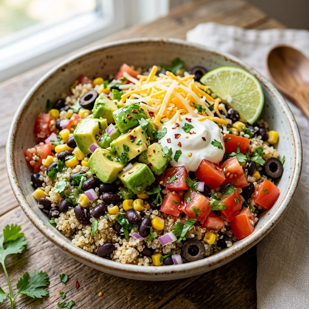 Colorful quinoa taco salad with fresh vegetables and toppings.
