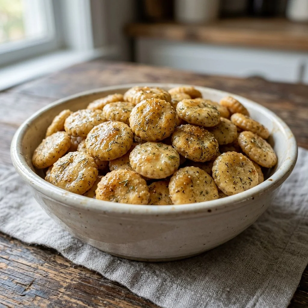 A bowl of flavorful ranch oyster crackers ready for snacking.