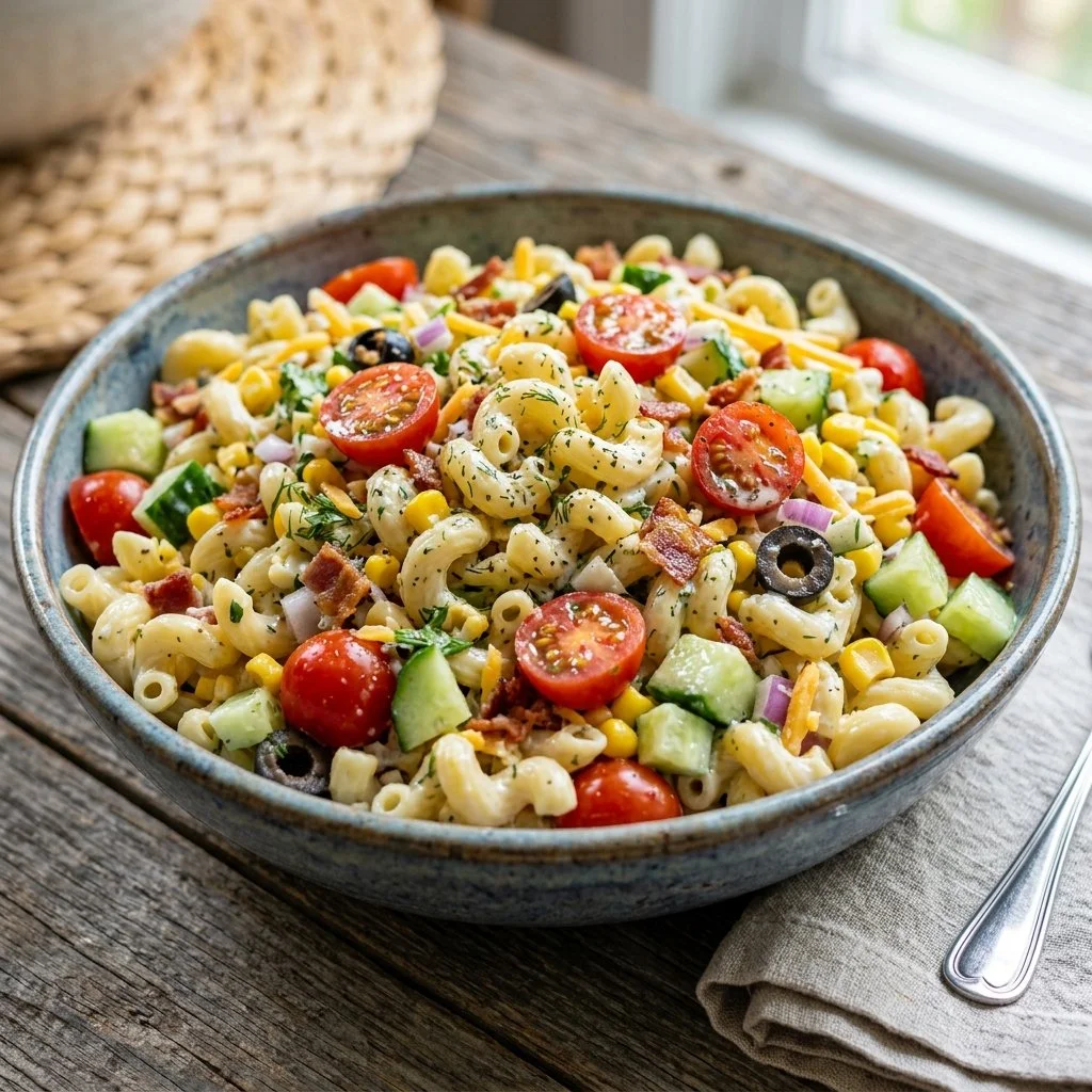 Delicious Ranch Pasta Salad with creamy dressing and fresh vegetables